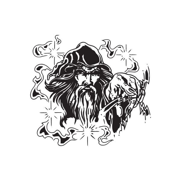 Wizard pointing finger decal, black line art with hat and beard