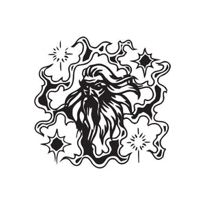 Wizard vision decal with black line-art hooded wizard and stars