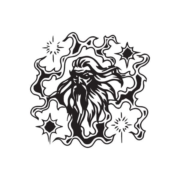 Wizard vision decal with black line-art hooded wizard and stars