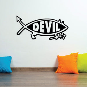 Devil fish wall decal, black and white stylized fish with DEVIL text