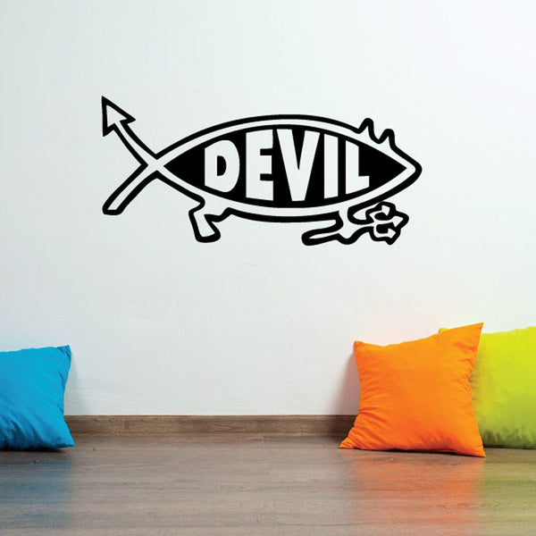 Devil fish wall decal, black and white stylized fish with DEVIL text