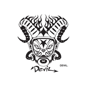 Graffiti-style devil gas mask decal with flames and “Devil” lettering