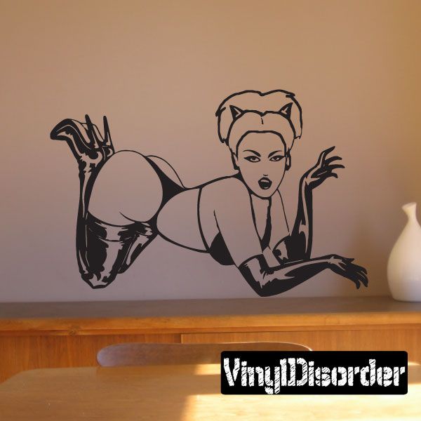 Devil girl wall decal, monochrome character with horns and arms outstretched