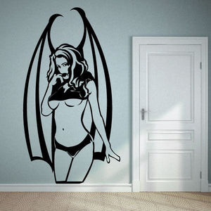Devil girl wall decal with long black hair and horned face illustration