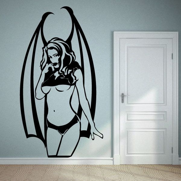 Devil girl wall decal with long black hair and horned face illustration
