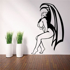Devil girl wall decal with black silhouette and flowing long hair