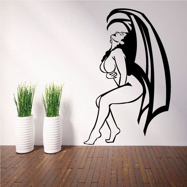 Devil girl wall decal with black silhouette and flowing long hair