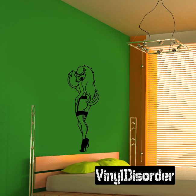 Devil girl wall decal, dark outline figure with curved horns and tail