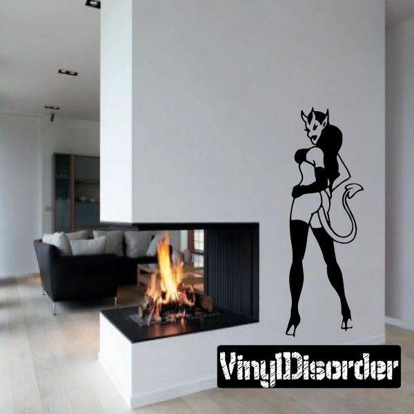 Devil girl wall sticker decal, black outline silhouette with tail and horns