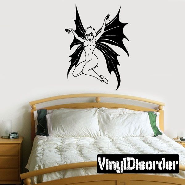 Devil girl graphic wall art with black bat-like wings and tail