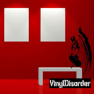 Graphic illustration poster with black devil girl silhouette and stylized text