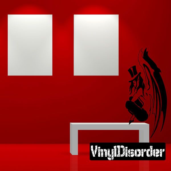 Graphic illustration poster with black devil girl silhouette and stylized text