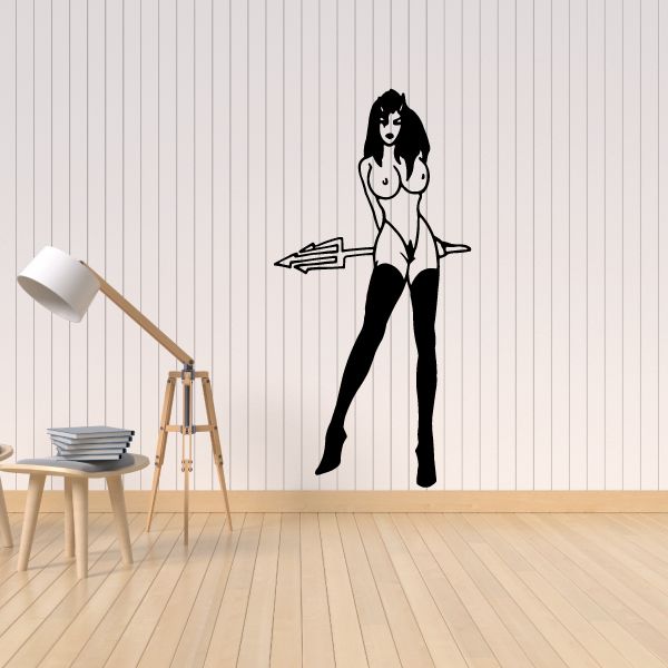 Devil girl holding pitchfork vinyl wall decal, black and white line art