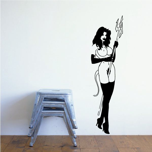Devil girl wall decal silhouette holding pitchfork, black and white