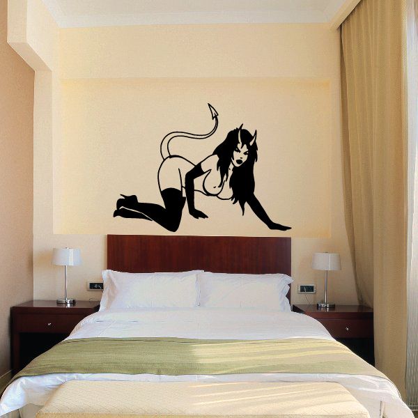 Black demon girl decal, kneeling on all fours in boots, horned head and tail