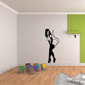 Devil girl decal with long hair, horns, and thigh-high boots in black silhouette