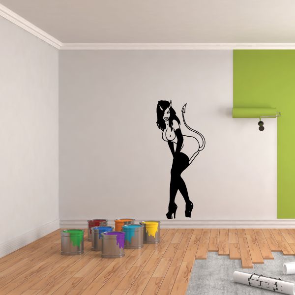 Devil girl decal with long hair, horns, and thigh-high boots in black silhouette