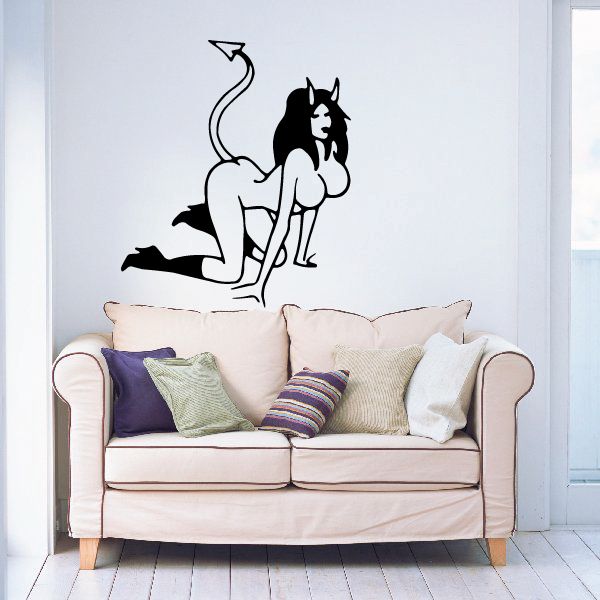 Devil girl leaning forward wall decal, black silhouette with tail and horned head