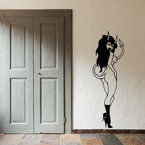 Devil girl looking over shoulder wall decal, black and white silhouette with horns