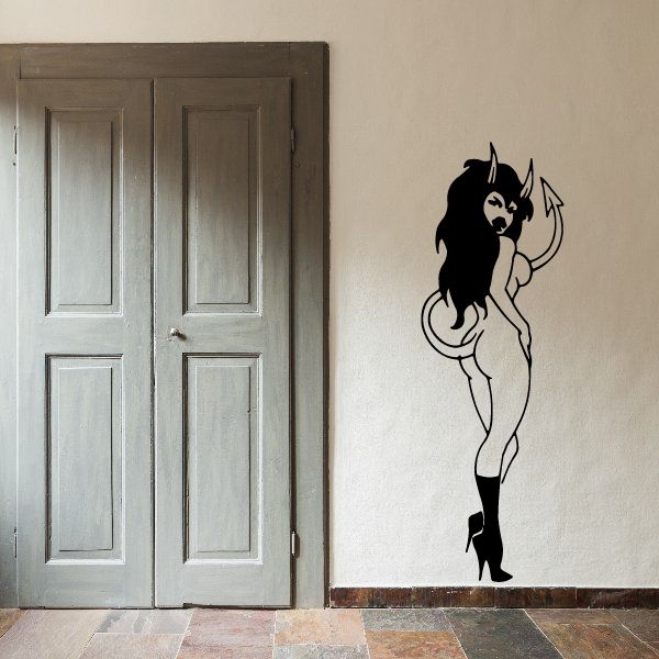 Devil girl looking over shoulder wall decal, black and white silhouette with horns