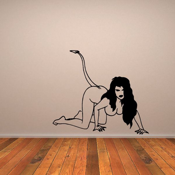Girl on all fours wall decal with black line art tail and flowing hair