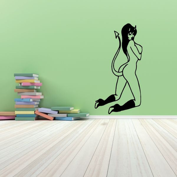 Devil girl on knees decal in black silhouette, horns, tail, boots