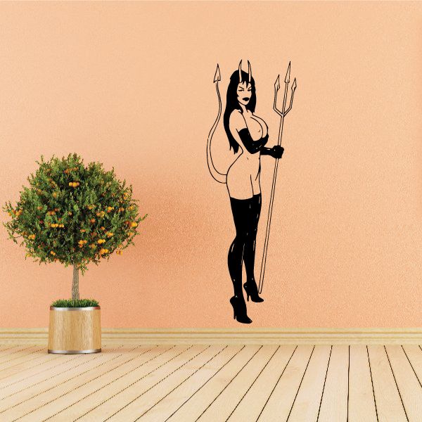 Devil girl standing guard wall decal, black silhouette holding pitchforks