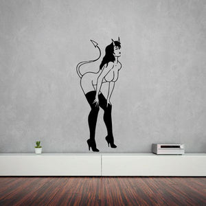 Black devil girl decal with tail, hands on knees, cat ears