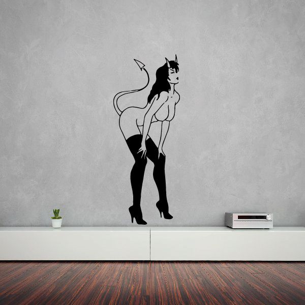Black devil girl decal with tail, hands on knees, cat ears