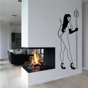 Devil girl wall decal with heels and pitchfork, black outline figure