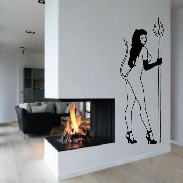 Devil girl wall decal with heels and pitchfork, black outline figure