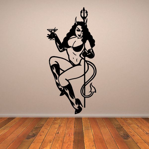 Devil girl decal with pitchfork and drink, black silhouette