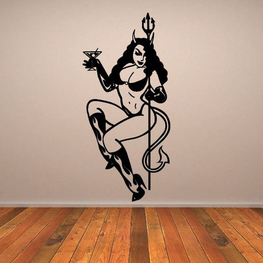 Image of Devil Girl with Pitchfork and Drink Decal