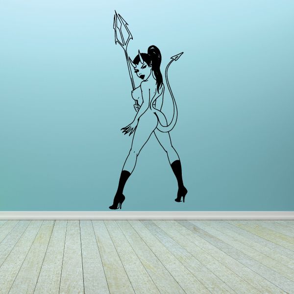 Black and white devil girl decal holding a pitchfork, in boots and a corset