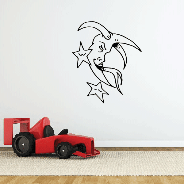 Devil moon with stars decal, black illustrated moon and horned face with star accents