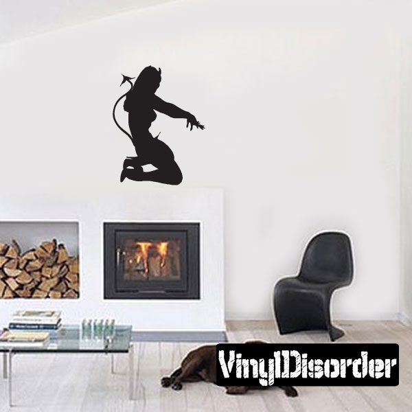 Devil woman silhouette vinyl decal, black sitting figure with horns and tail