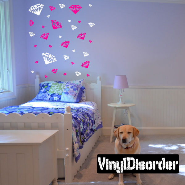 Diamond wall decals set with white and pink diamond sticker shapes