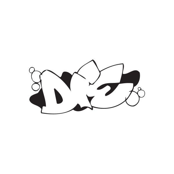 Graffiti decal sticker with bold black-and-white street art lettering and swirl accents