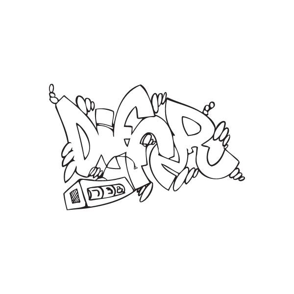 Graffiti decal sticker with black cartoon tag and character accents