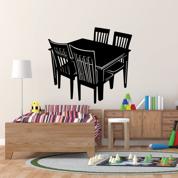 Black dining table wall decal with tabletop and four chairs silhouettes