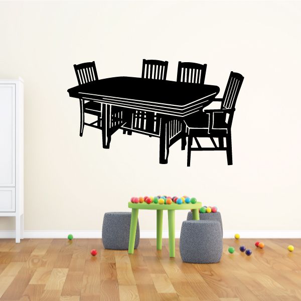 Dining table wall decal with four chairs, black silhouette