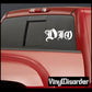 White DIO logo vinyl decal on car window, stylized lettering