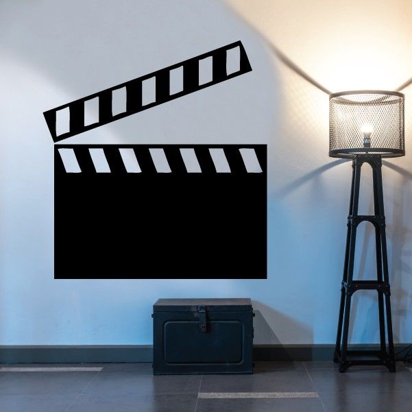 Clapperboard decal with black slate and striped film strip design