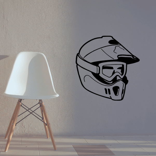 Dirt bike helmet decal, black and gray helmet with goggles