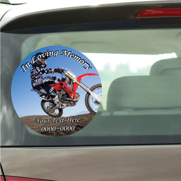 Circular dirt bike memorial sticker, 'In Loving Memory' and 'Your Text Here'
