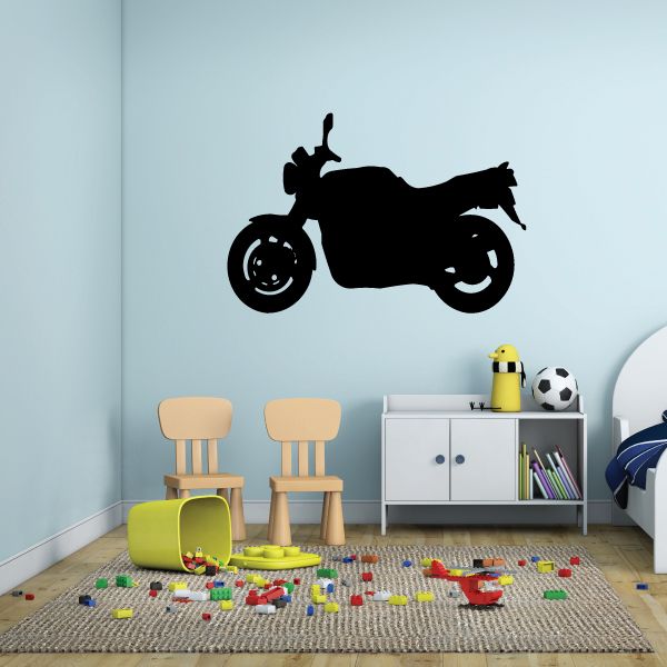 Dirt bike wall decal with black motorcycle silhouette and wheels