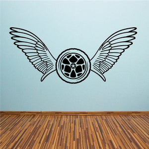 Dirt bike wheel and wings vinyl wall decal, large circular tire with wing outlines