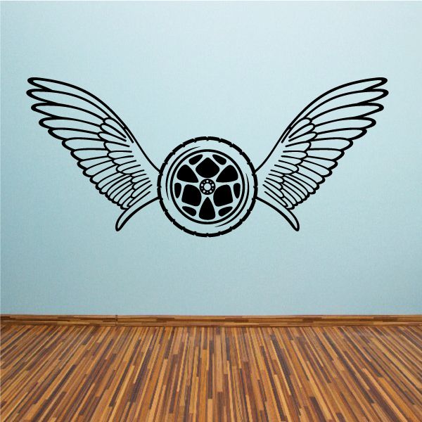 Dirt bike wheel and wings vinyl wall decal, large circular tire with wing outlines