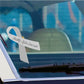 Disability rights awareness ribbon vinyl sticker with blue ribbon and white banner text
