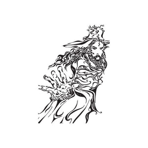 Wizard decal with ornate hat and flowing hair, black line-art design